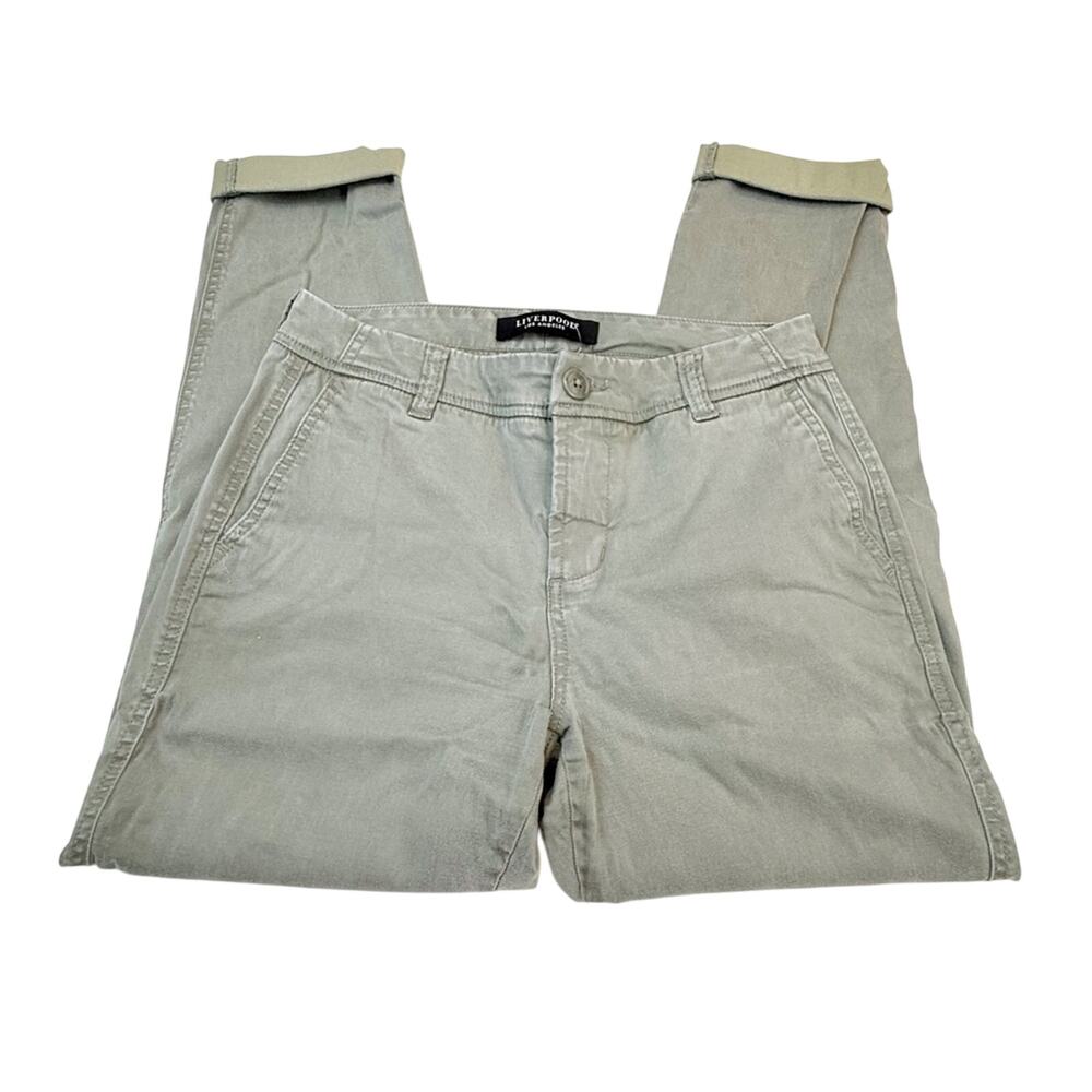 Liverpool Los Angeles Olive Green Boyfriend Cut Soft Khaki Pants  Cuffed Ankle - Picture 16 of 16